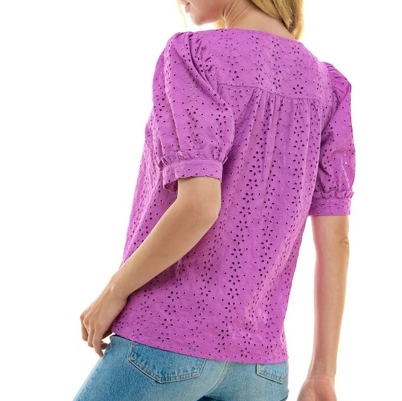 Draper James V-Neck Puff Short Sleeve Top Purple Eyelet XXL - Picture 3 of 12